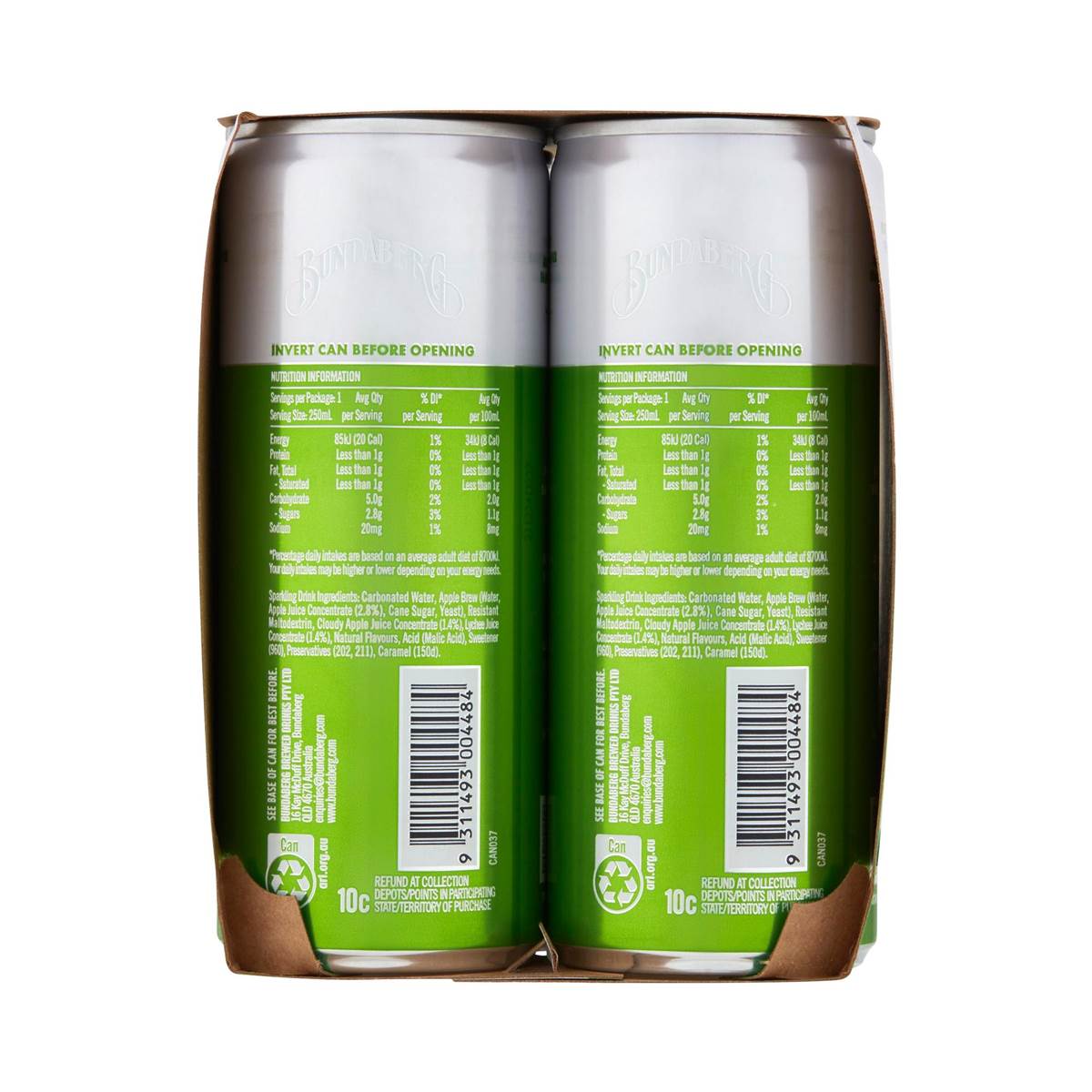 Bundaberg Refreshingly Light Sparkling Drink Apple & Lychee 250mL x 4 pack