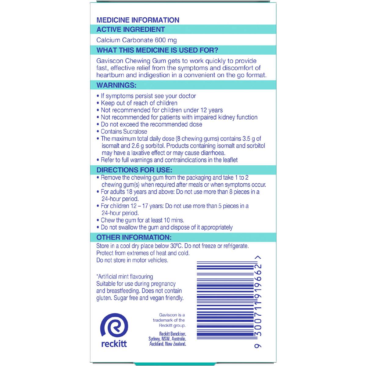 Gaviscon Heartburn & Indigestion Chewing Gum Cool Mint 10 pack