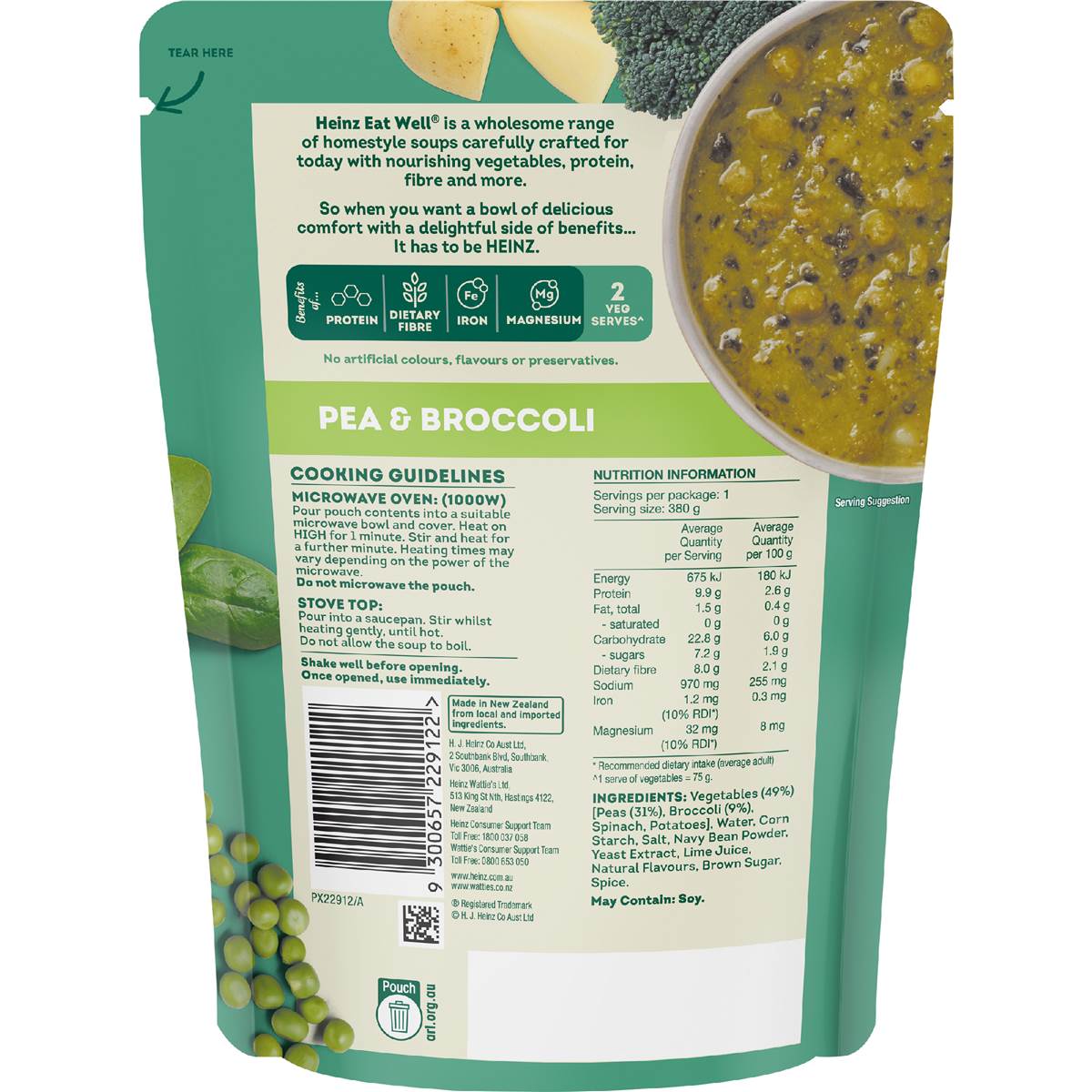 Heinz Eat Well Soup Pouch Pea & Broccoli 380g