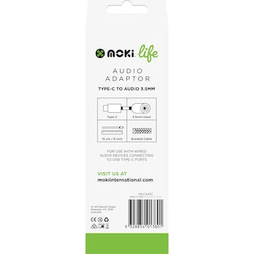Moki Life Audio Adaptor USB C To 3.5mm Port each