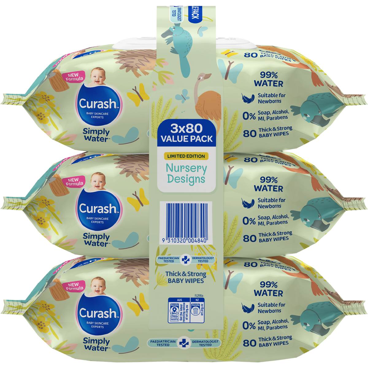 Curash Simply Water Baby Wipes Nursery Designs 3 x 80 pack