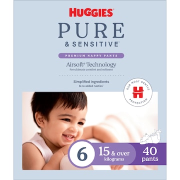 Huggies Pure & Sensitive Nappy Pants Size 6 (15kg+) 40 pack