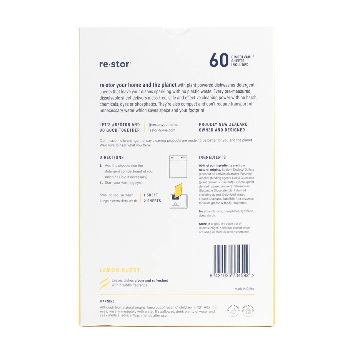 Restor Dishwasher Detergent Sheets Lemon Burst 60 pack