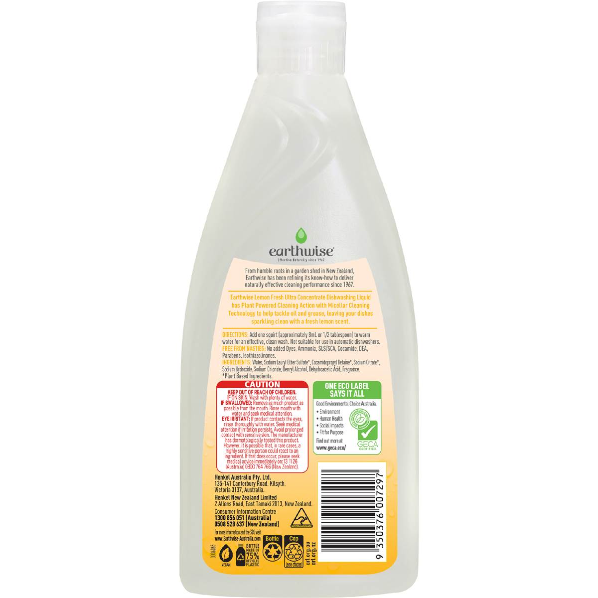 Earthwise Dishwashing Liquid Plant Powered Lemon Fresh 500mL