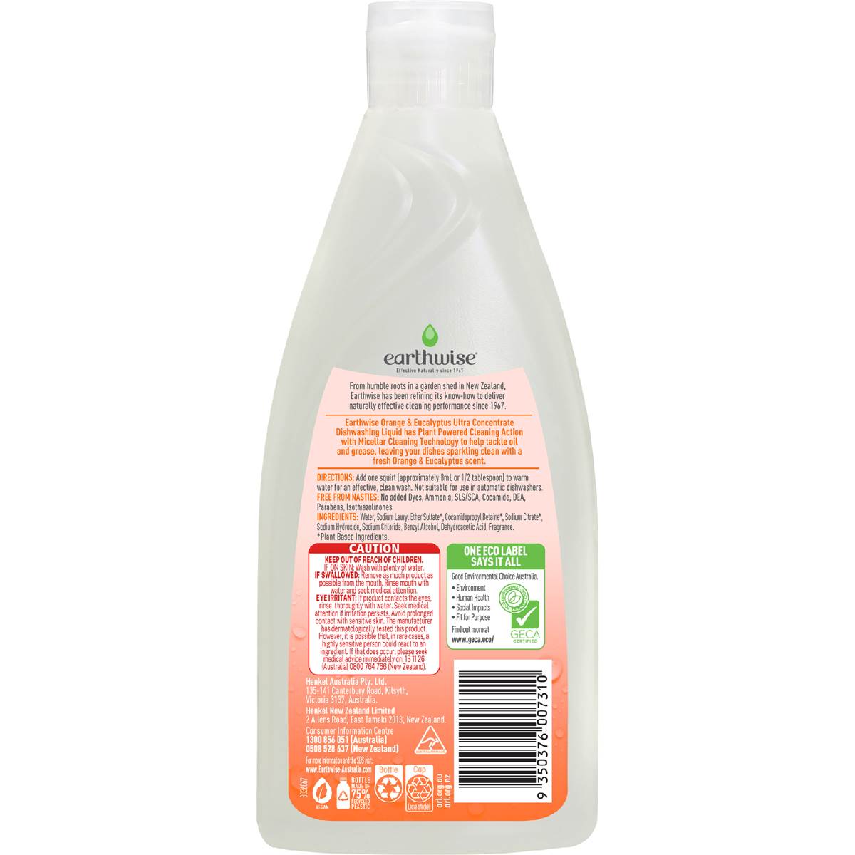 Earthwise Dishwashing Liquid Plant Powered Orange & Eucalyptus 500mL