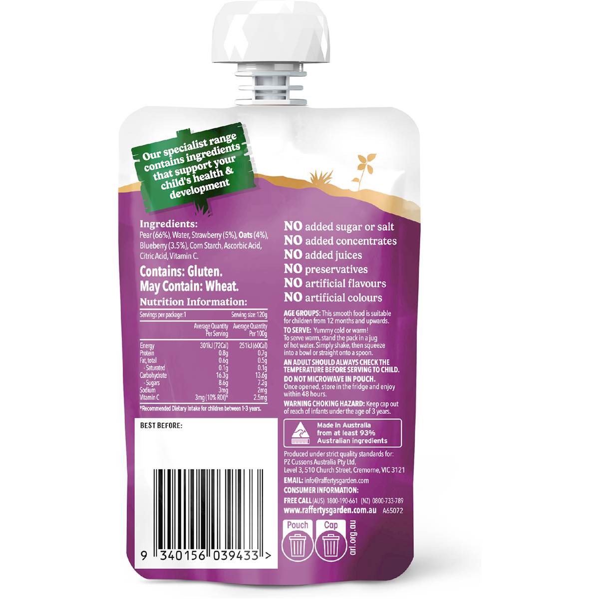 Rafferty's Garden Nuture Immunity Food Pouch Berries Pear & Oats 12M+ 120g