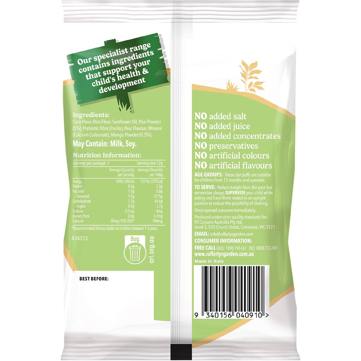 Rafferty's Garden Happy Tummies Star Puffs Pear & Mango 12g