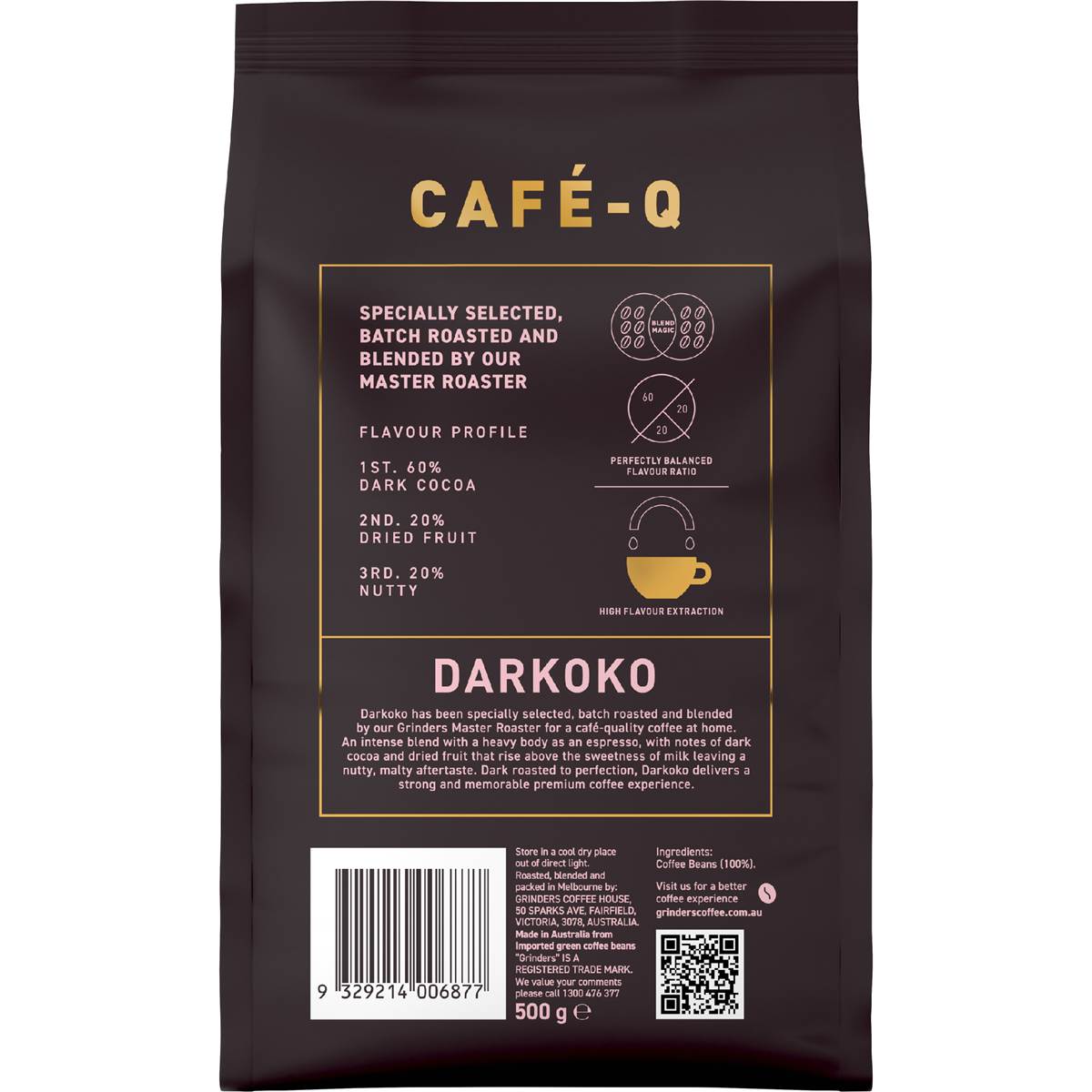 Grinders Cafe Q Darkoko Coffee Beans 500g