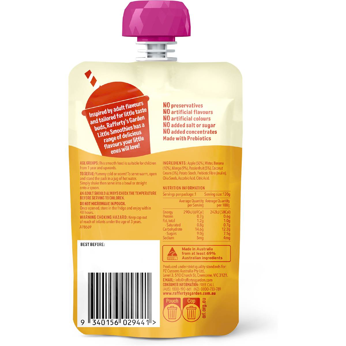 Rafferty's Garden Little Smoothies Baby Food Coconut Mango Passionfruit 120g