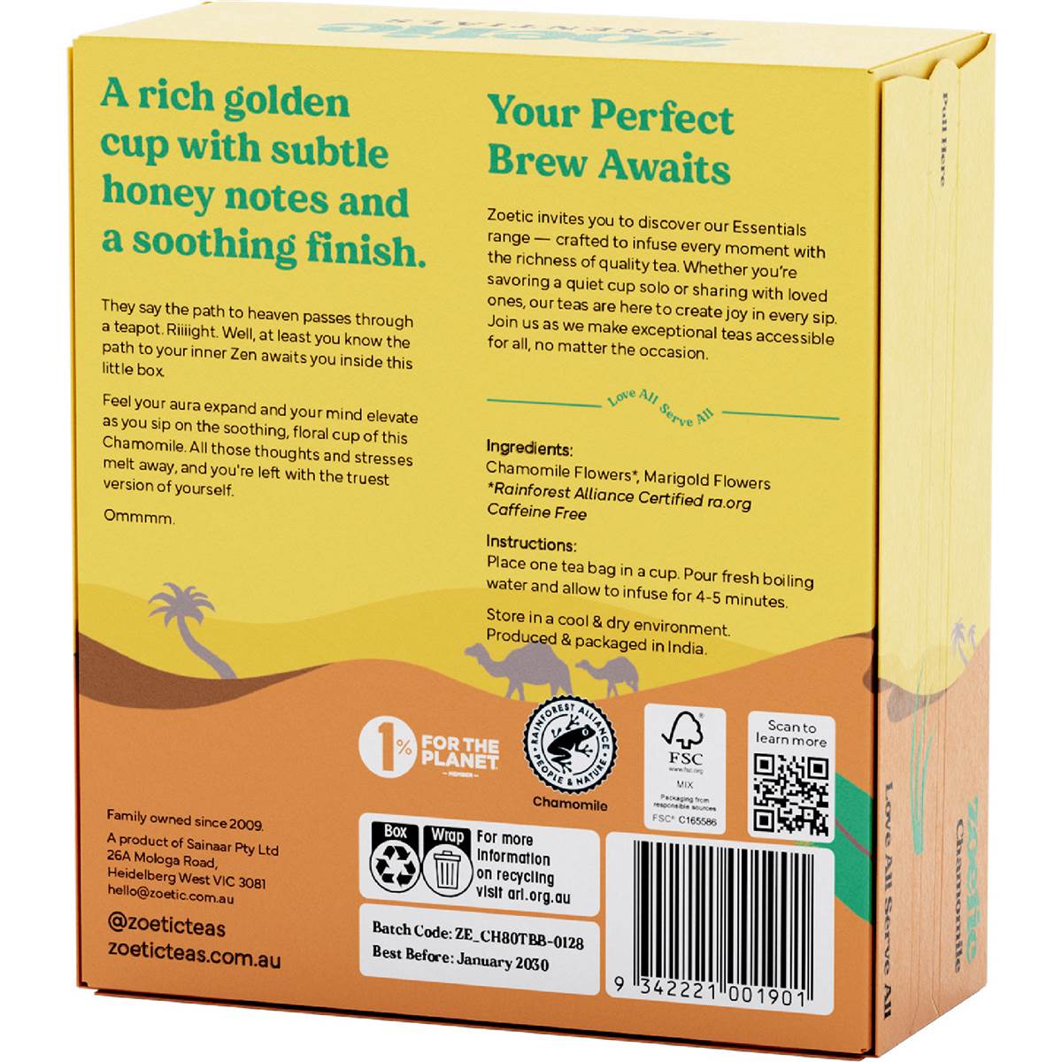 Zoetic Tea Bags Chamomile 80 pack