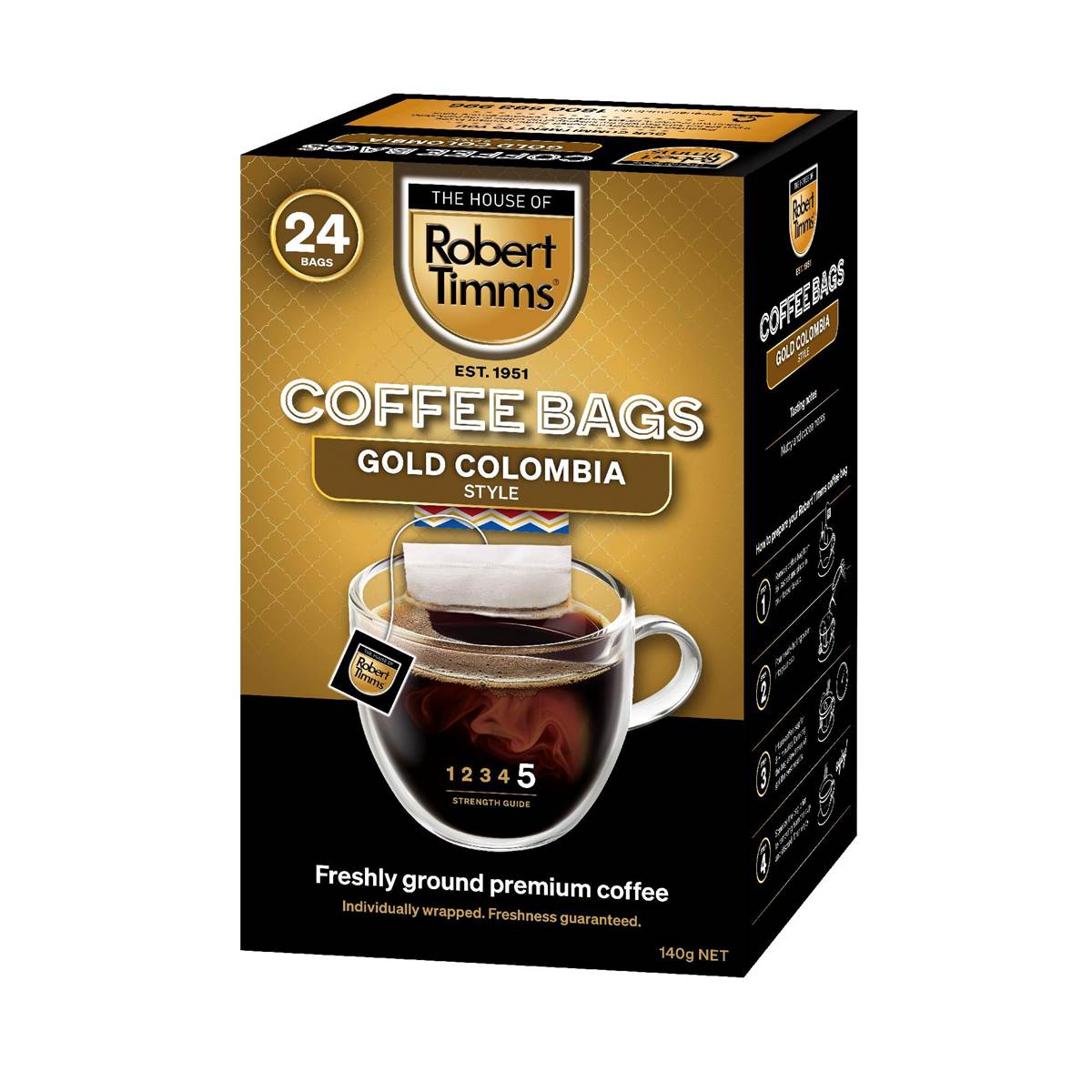 Robert Timms Coffee Bags Gold Colombia Style 24 pack