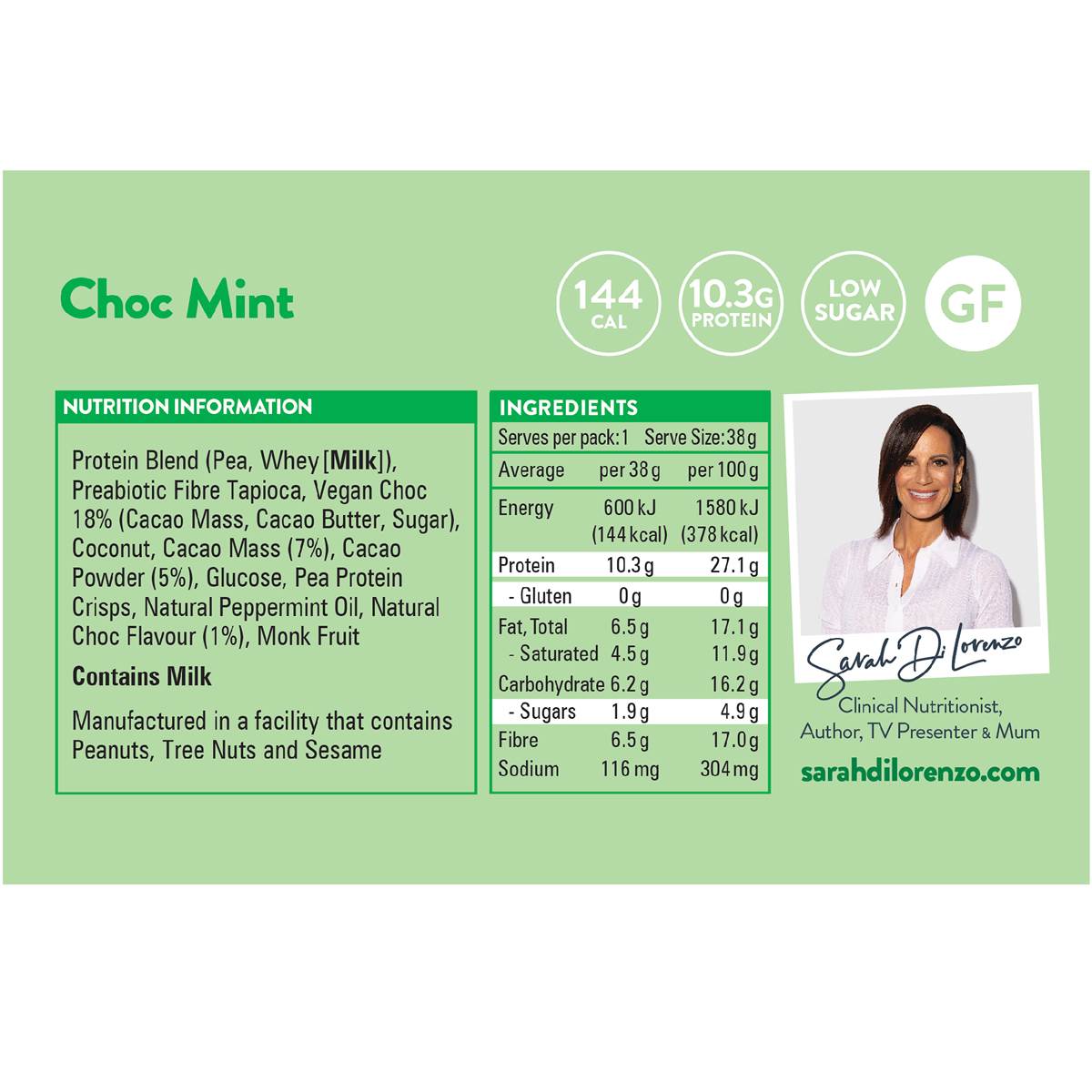Sarah Di Lorenzo 10:10 High Protein Low Sugar Bar Choc Mint 38g