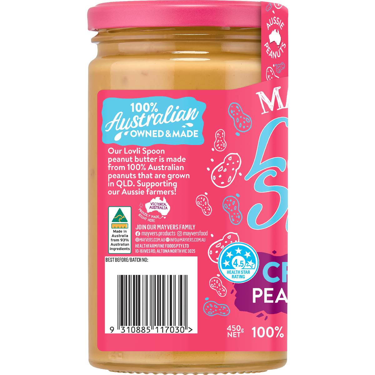 Mayver's Lovli Spoon No Stir Crunchy Peanut Butter 450g