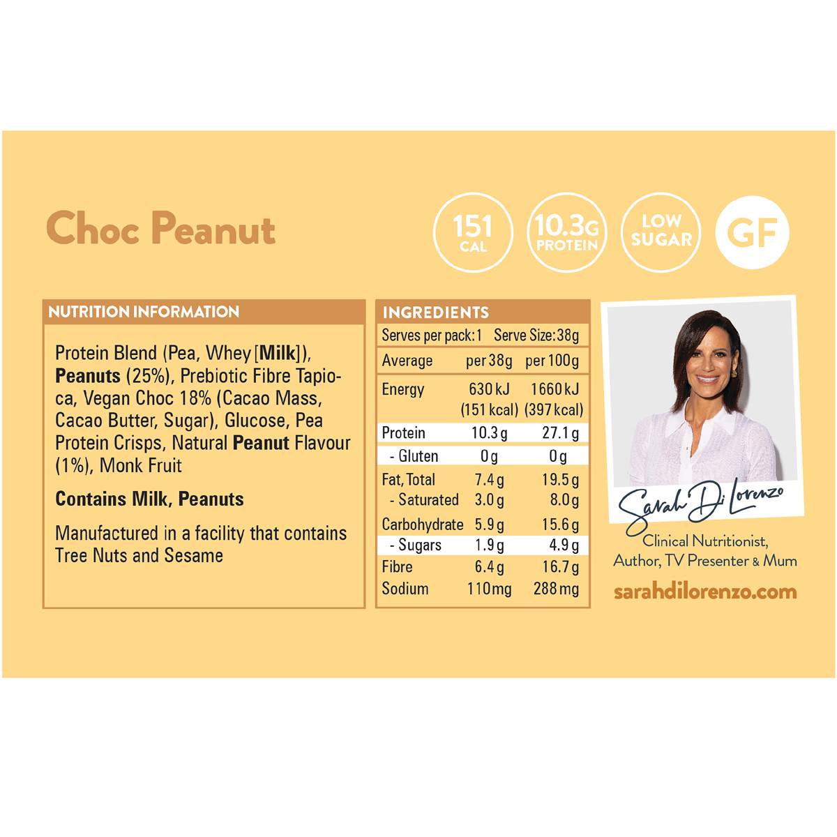 Sarah Di Lorenzo 10:10 High Protein Low Sugar Bar Peanut 38g