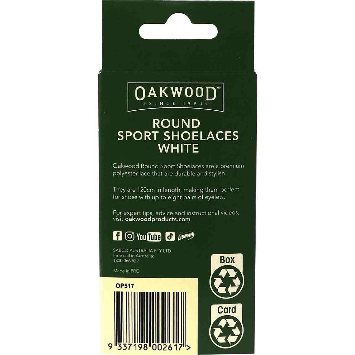 Oakwood Round Sport Shoelaces White 120cm each