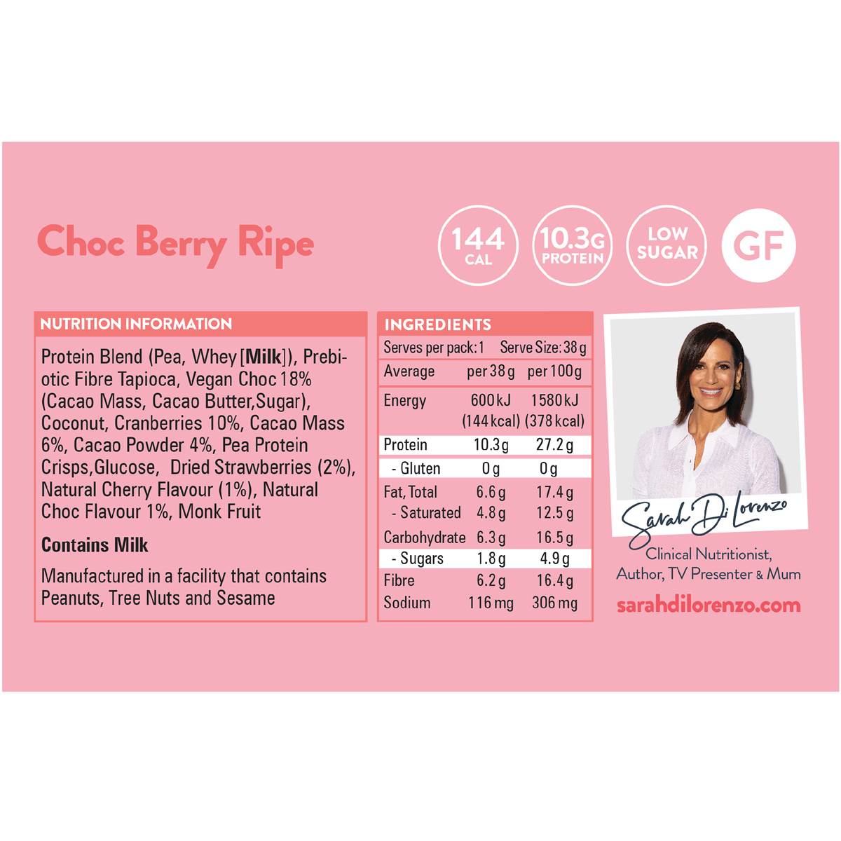Sarah Di Lorenzo 10:10 High Protein Low Sugar Bar Choc Berry 38g