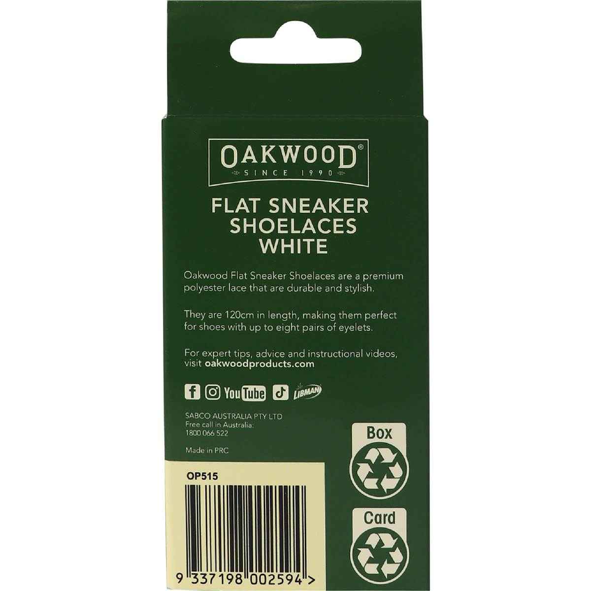 Oakwood Flat Sneaker Shoelaces White 120cm each