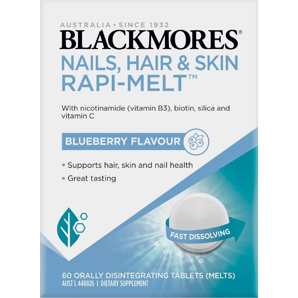 Blackmores Nails Hair & Skin Rapi Melt Blueberry Flavour Tablets 60 pack