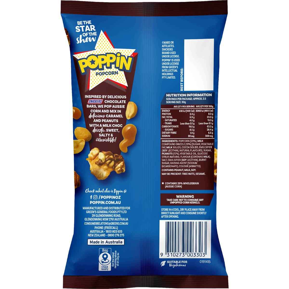 Poppin Ready To Eat Popcorn Snickers 110g