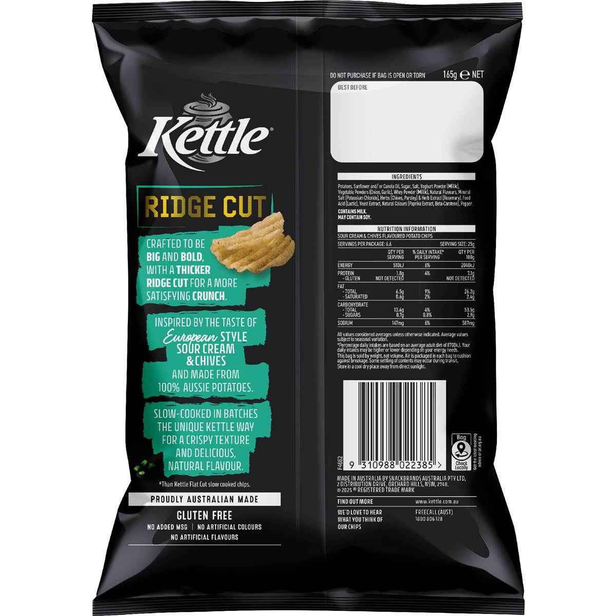 Kettle Ridge Cut Potato Chips European Sour Cream & Chives 165g