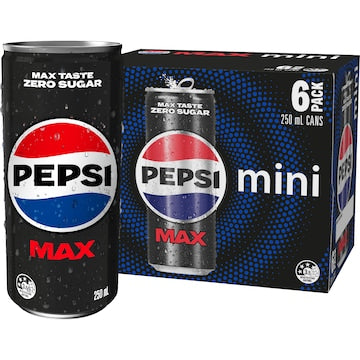 Pepsi Max No Sugar Soft Drink Mini Cans 250mL x 6 pack