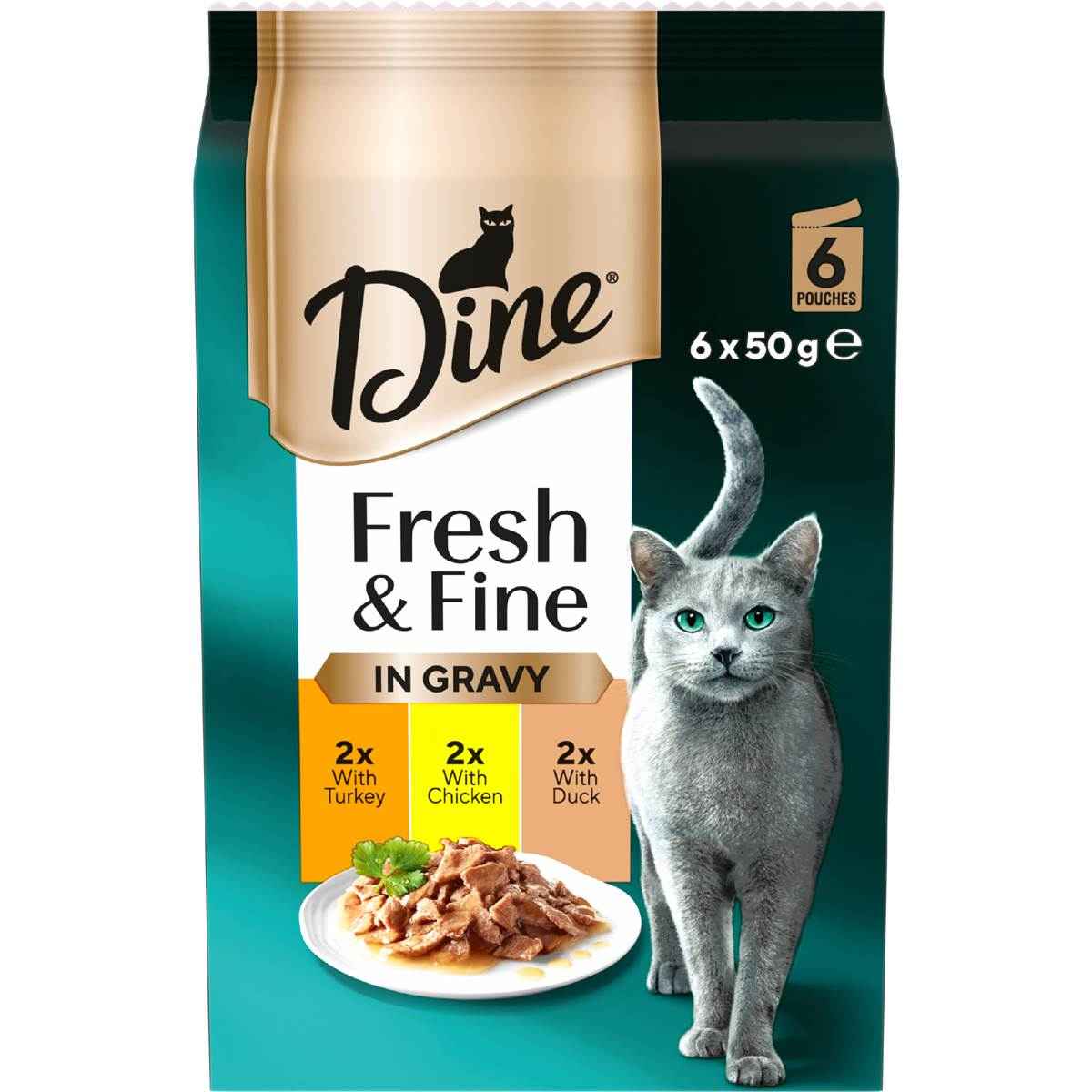 Dine Fresh Fine In Gravy Chicken Turkey & Duck Wet Cat Food 50g x 6 pack