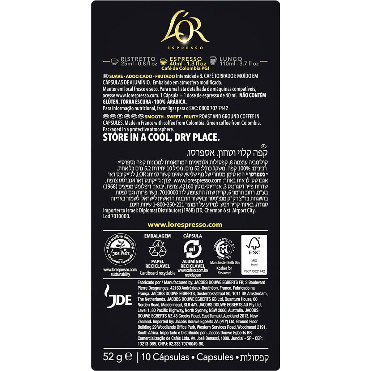L'OR Espresso Colombia Intensity 8 Coffee Pods 10 pack