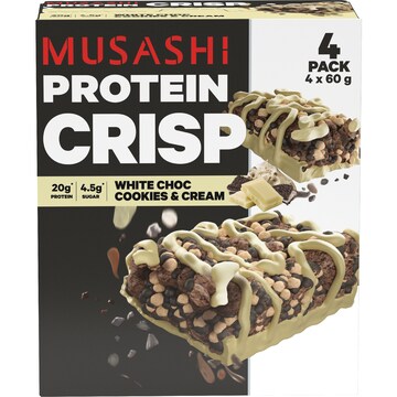 Musashi Protein Crisp Bar Cookies & Cream Bars 60g x 4 pack