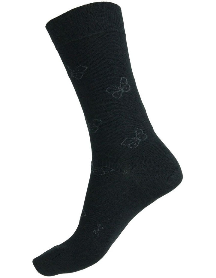 Health Cotton Crew Sock in Black Butterfly