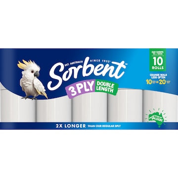 Sorbent Double Length 3Ply Toilet Paper 10 pack