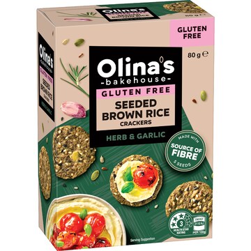 Olina's Bakehouse Gluten Free Seeded Brown Rice Crackers Herb & Garlic 80g