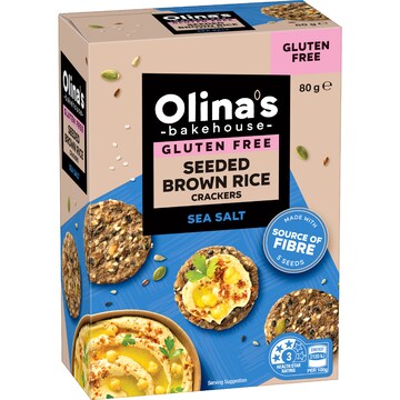 Olina's Bakehouse Gluten Free Seeded Brown Rice Crackers Sea Salt 80g