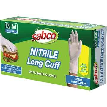 Sabco Nitrile Long Cuff Disposable Gloves Medium 100 pack