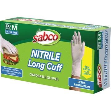 Sabco Nitrile Long Cuff Disposable Gloves Medium 100 pack