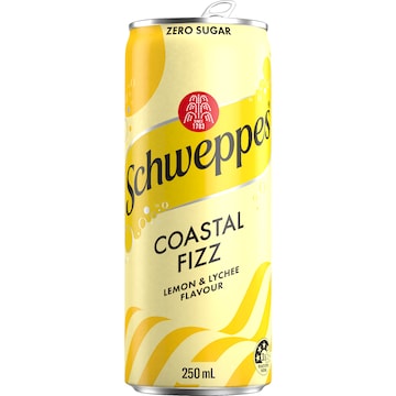 Schweppes Coastal Fizz Lemon Lychee Mini Can No Sugar Mixer Soft Drink 250mL x 6 pack