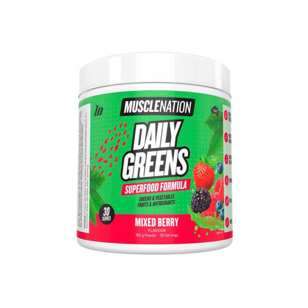 MUSCLE NATION DAILY GREENS MIXED BERRY PROTEIN POWDER 180G