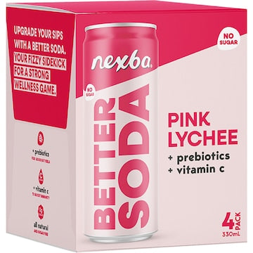 Nexba Better Soda Pink Lychee Cans 330mL x 4 pack