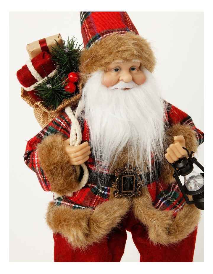 Heirloom Christmas Flannel Faux Fur Sitting Santa with Lantern 30cm in Red/Black