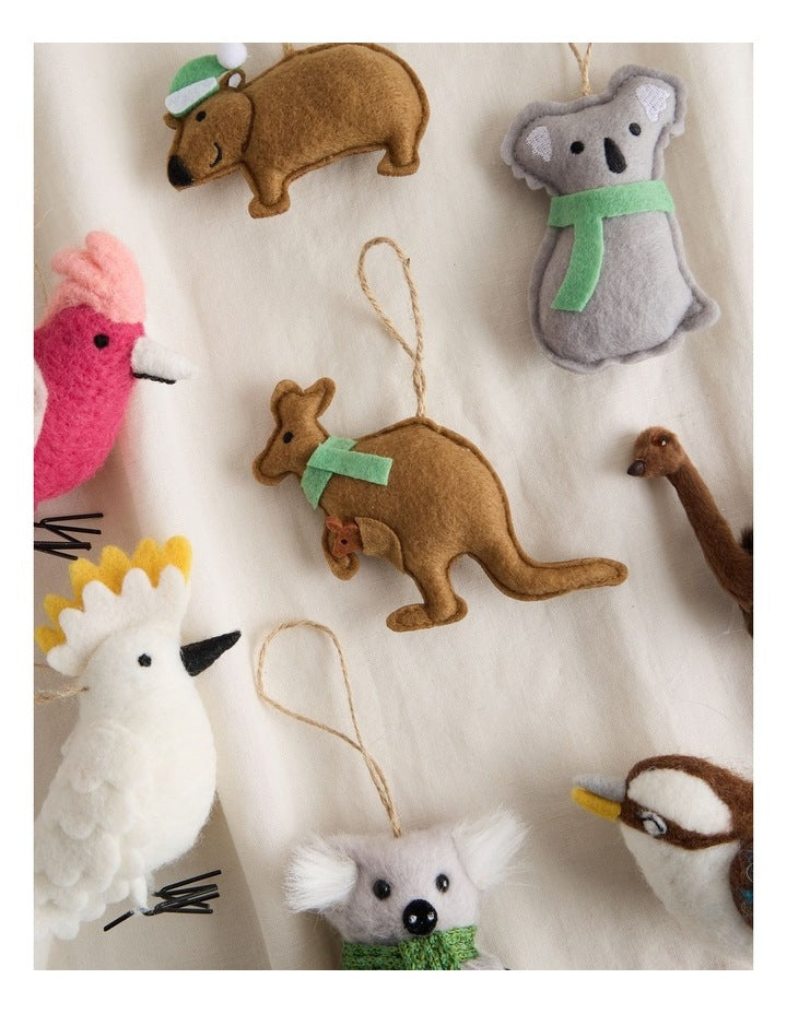 Eucalyptus Christmas 8cm Light Brown Fabric Stitched Kangaroo Wearing A Green Scarf