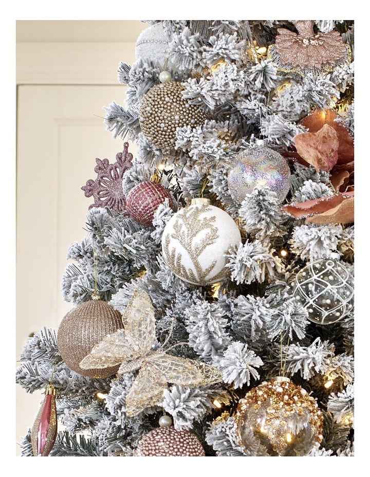 Luxe Christmas Glass Rounded Grid with Pearls BaubleWhite: 8cm