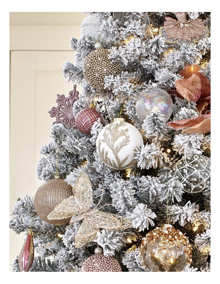 Luxe Christmas Glass Rounded Grid with Pearls BaubleWhite: 8cm