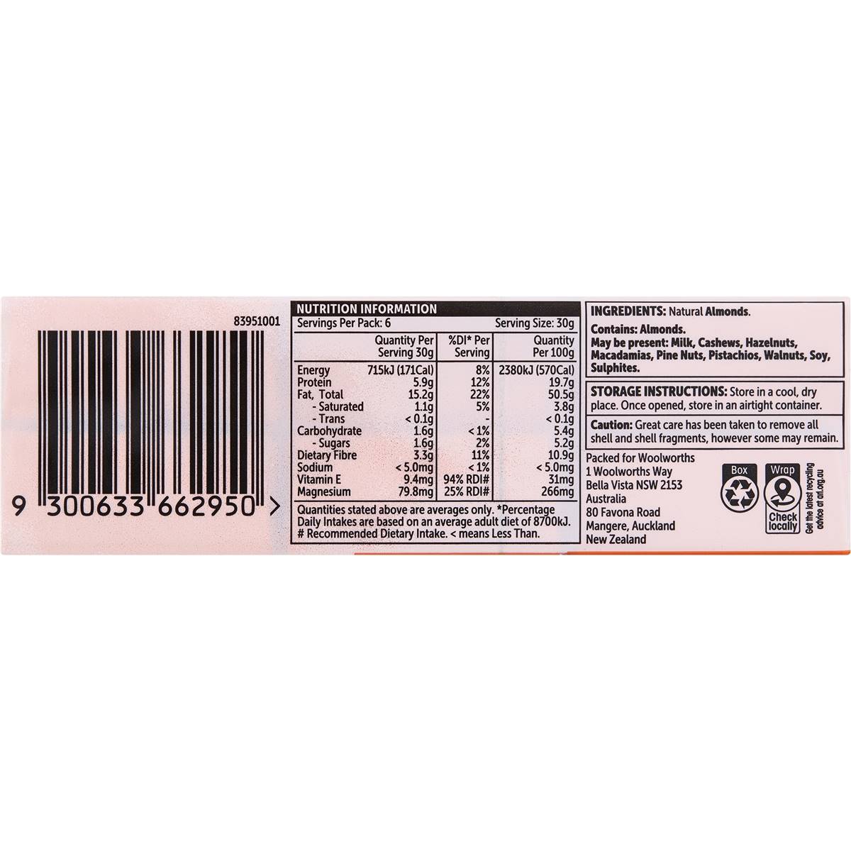 Woolworths Aussie Natural Almonds 6 Pack