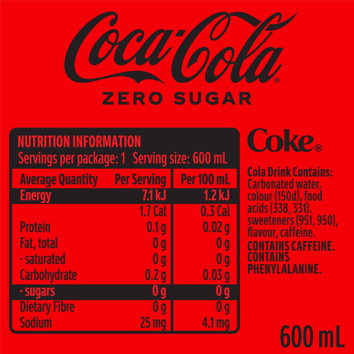 Coca-Cola Zero Sugar Soft Drink Bottle 600mL
