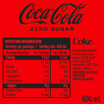 Coca-Cola Zero Sugar Soft Drink Bottle 600mL