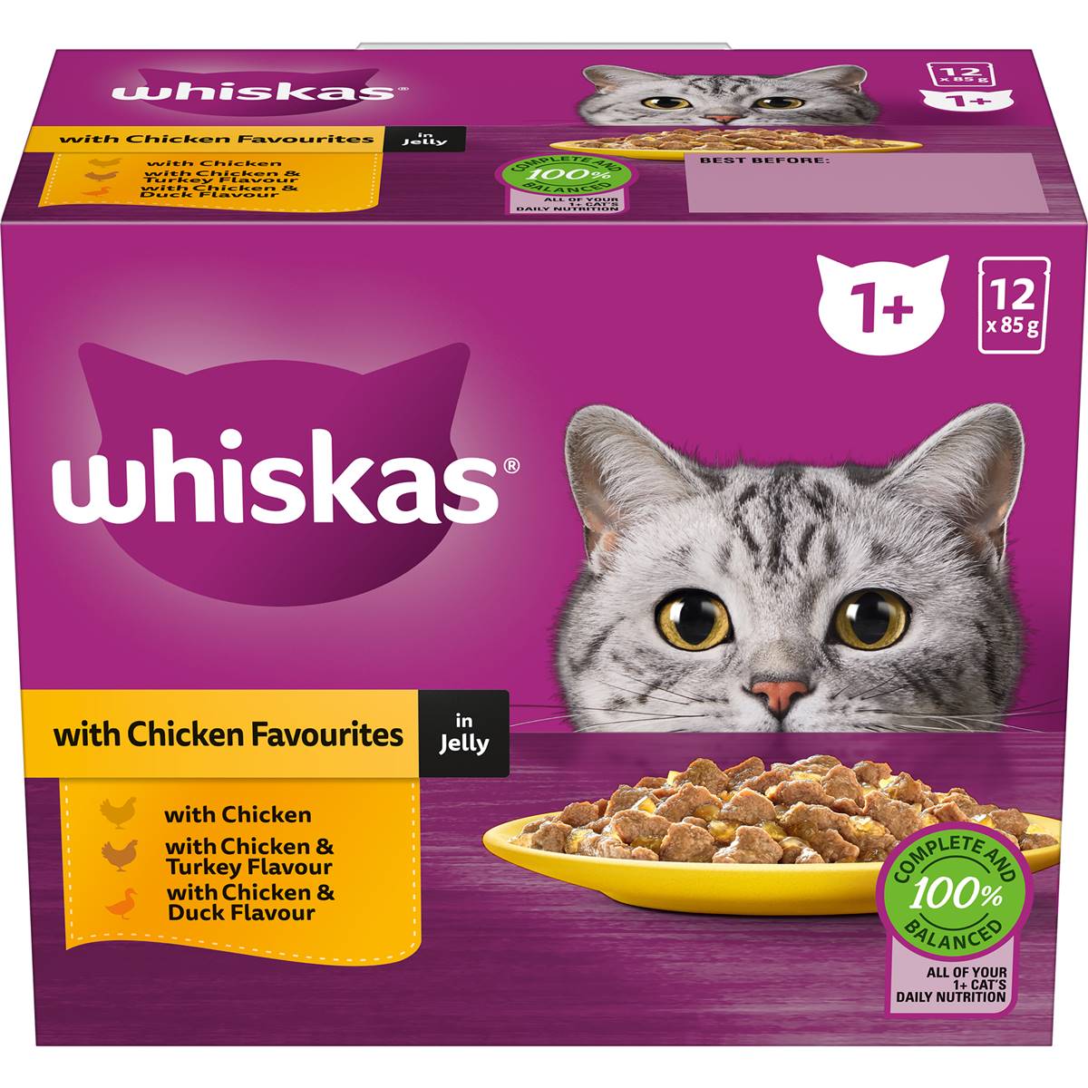 Whiskas Adult 1 + Years Wet Cat Food Chicken Favourites in Jelly 85g x 12 pack
