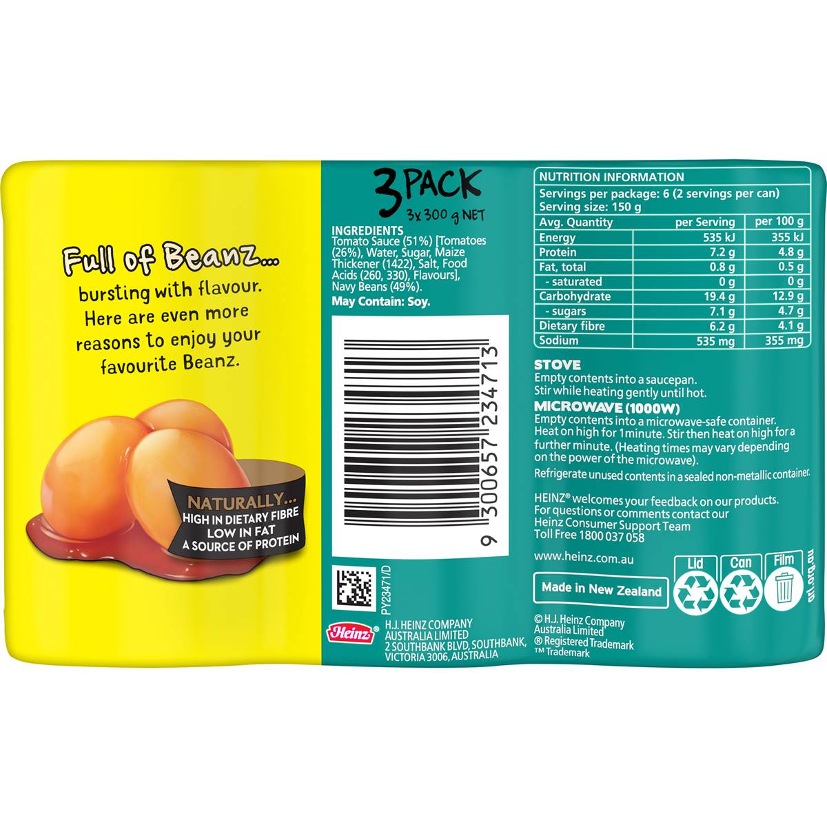 Heinz Beanz Canned Baked Beans In Tomato Sauce 300g x 3 pack