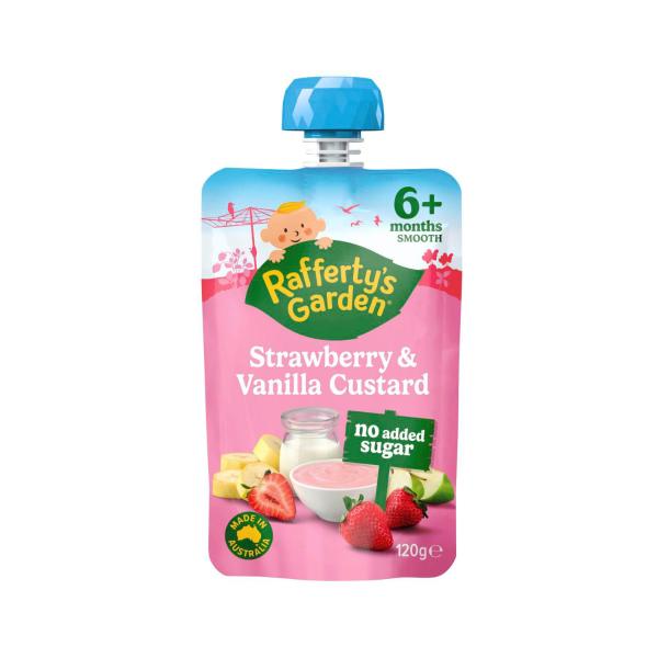 RAFFERTY'S GARDEN STRAWBERRY & VANILLA CUSTARD POUCH 6+ MONTHS 120G