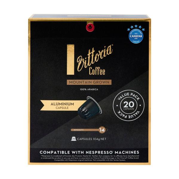 VITTORIA MOUNTAIN GROWN NESPRESSO COMPATIBLE ALUMINIUM COFFEE CAPSULES 20 PACK