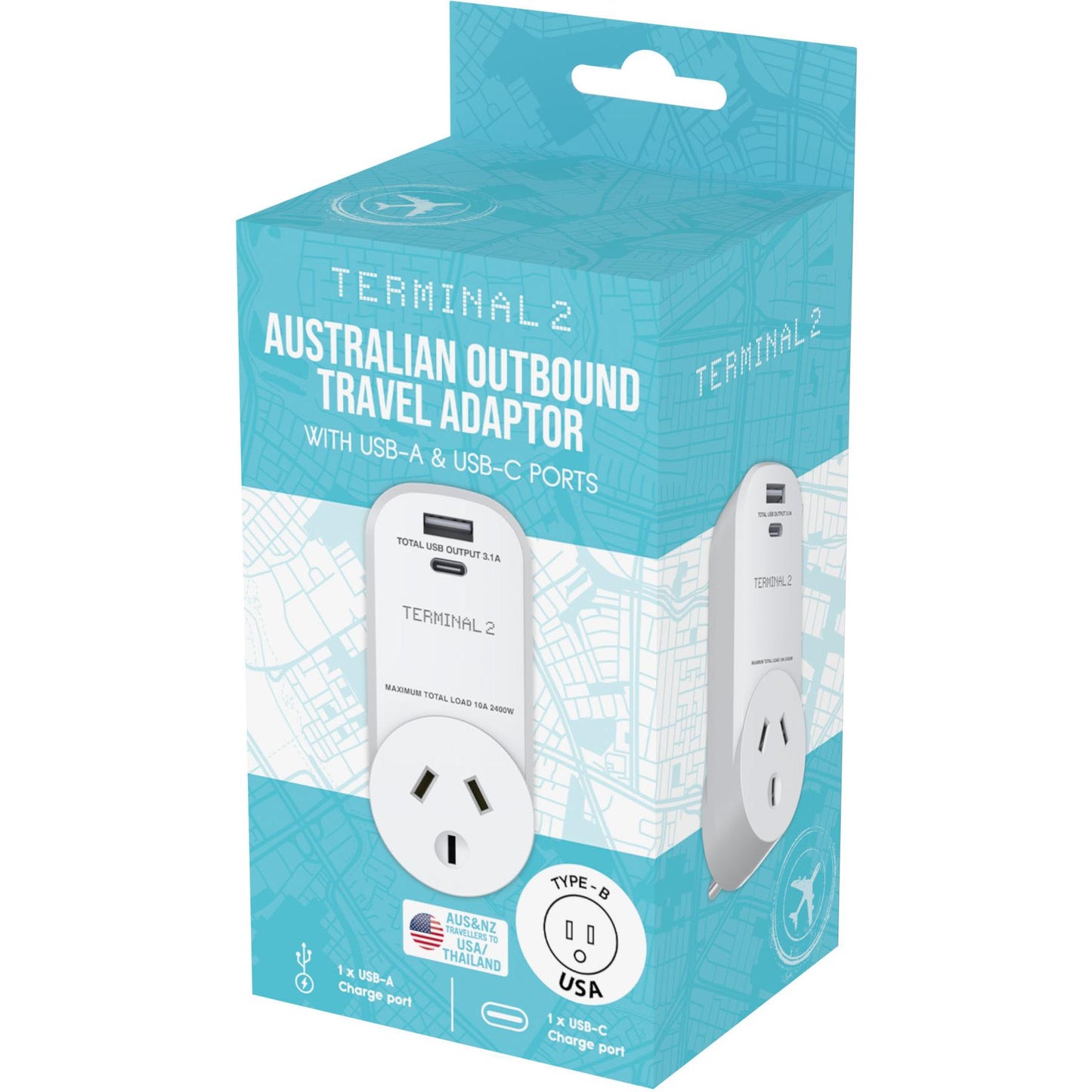 Terminal 2 Outbound Travel Adaptor with USB-A and USB-C Ports USA