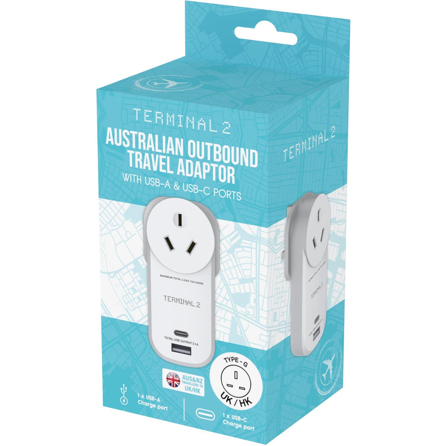 Terminal 2 Outbound Travel Adaptor with USB-A and USB-C Ports UK